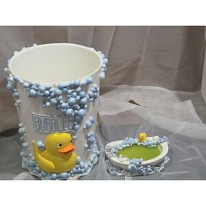 Vintage Linens 'n Things Bubble Duck Bathroom Set - Trash Can & Soap Holder